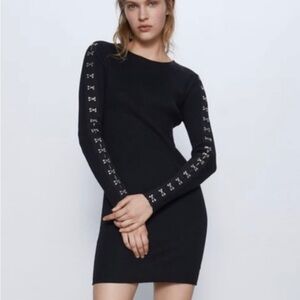 NWT Zara Black Sweater Dress with Silver Hook & Eye Accents on Sleeve Small NEW
